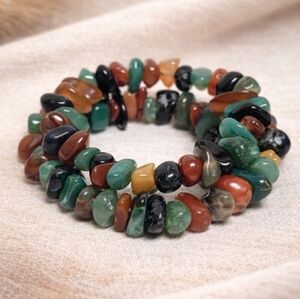 Multicolor Natural Stone Coil Wrap Bracelet – Boho Earthy Stack – Handmade – New